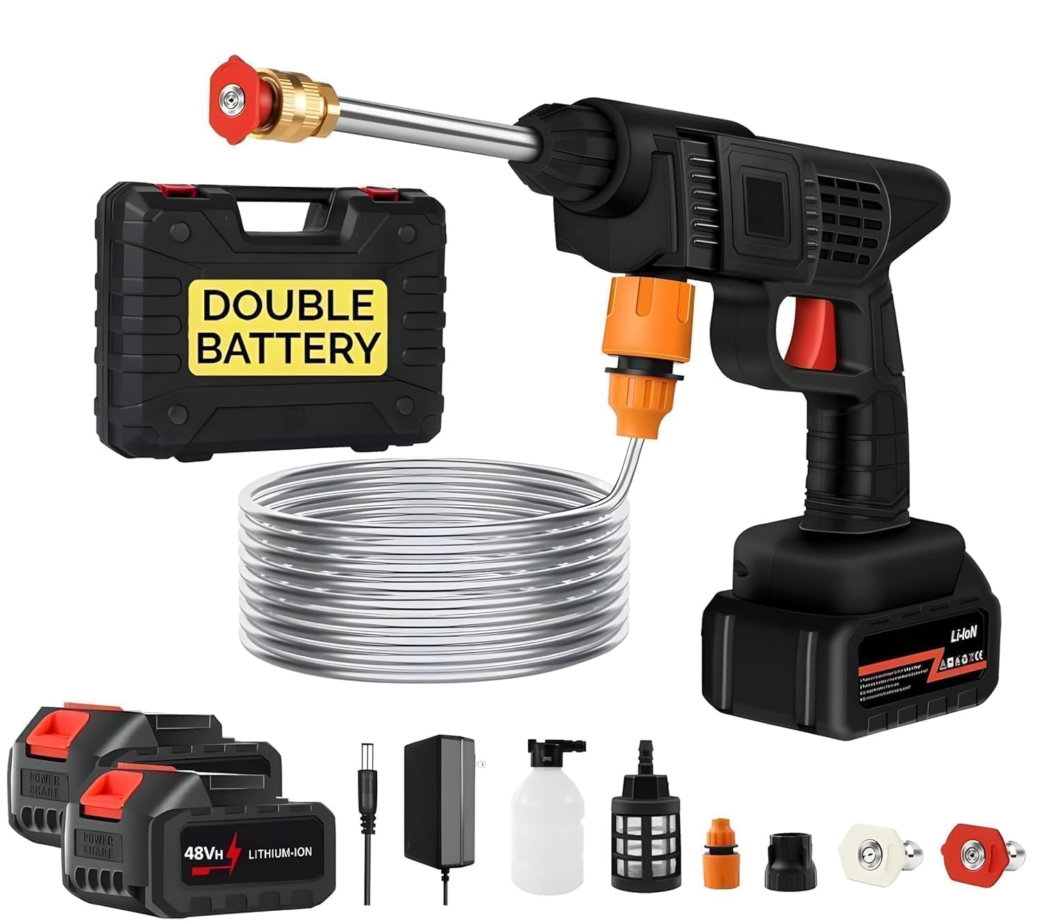 (Double_Battery) Cordless Portable Wireless Pressure Washer Gun 48V 12000mah Heavy High Pressure Water Gun for Stand Car Wash Bike Washing 3In1 Car Duster Steel| Vacuum Nozzle 5M