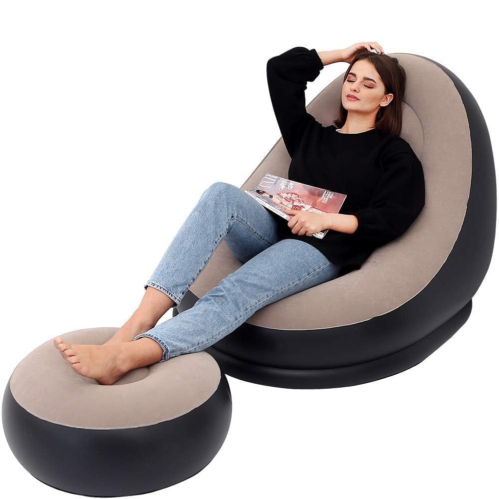Inflatable Leisure One Seater Air Sofa with Stool  – Heavy Duty PVC Blow Up Couch Chair – Comfortable Indoor Outdoor Lounger for Home, Gaming, Travel, Camping & Beach – Brown