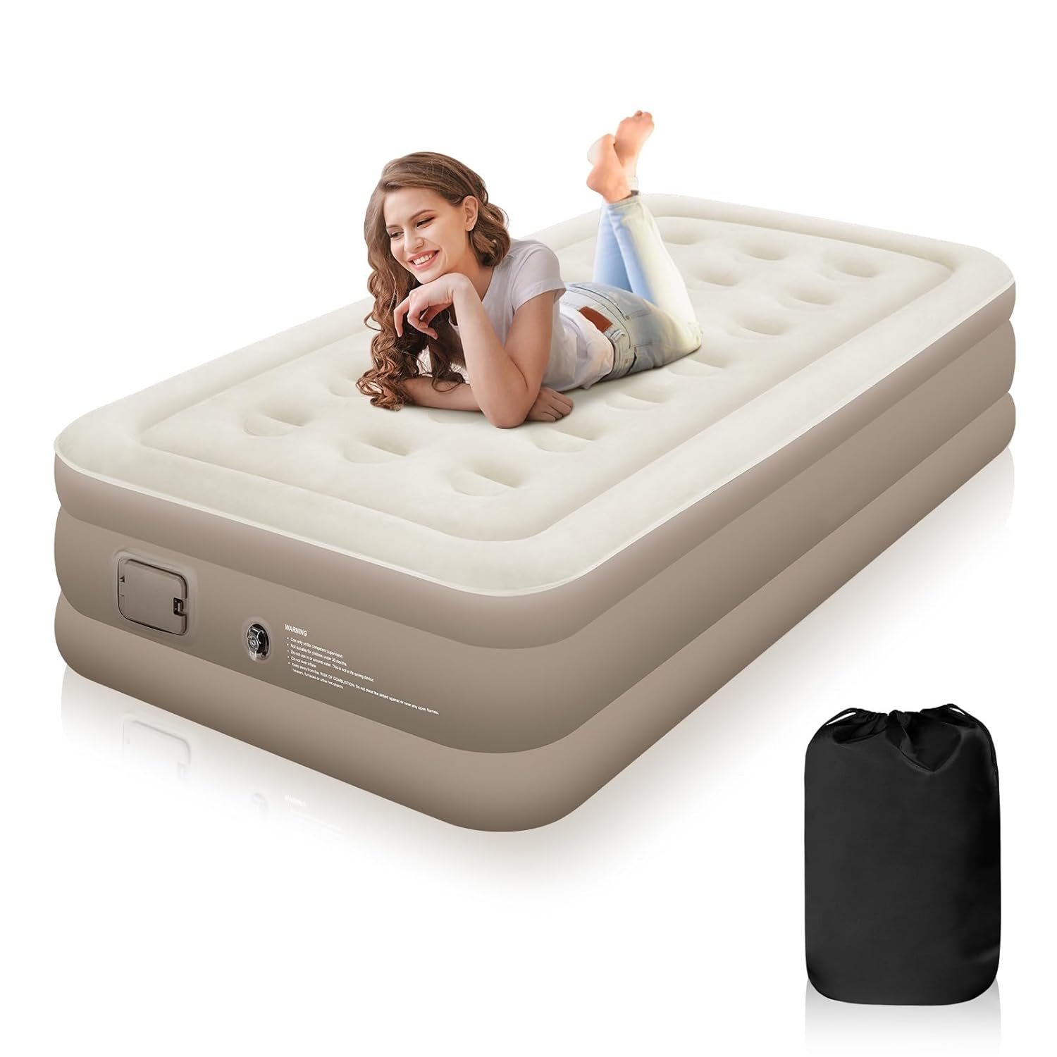 Single Airbed, Inflatable Mattress, Brown, Waterproof, 200kg Capacity, Plush, Minimalist, Inflates in 3 Mins, Suitable for Home & Camping