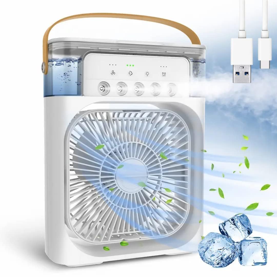 Portable Air Cooler Fan with Water Tank & USB Power - Mini Personal Evaporative Cooler with 3 Speeds, Mist Humidifier, LED Light, Quiet Cooling for Home, Office, Bedroom (Multicolor-01)