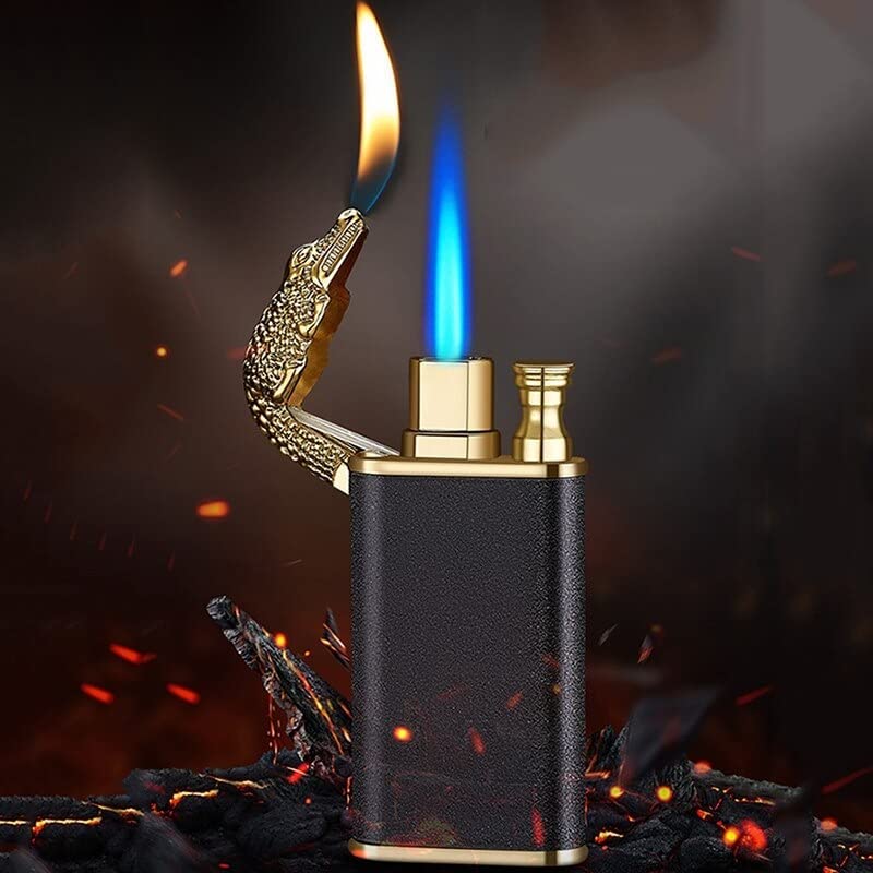 Trending New Alloy Double Fire Lighter Metal Blue Flame Crocodile Dragon Tiger Creative Windproof Open Fire Conversion Lighter 