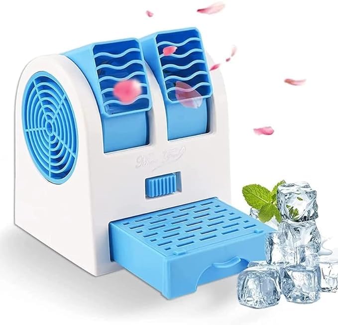 Mini Cooler AC USB and Battery Operated Air Mini Water Air Cooler Cooling Fan Duel Blower with Ice Chamber Perfect for Temple,Home,Kitchen USE, Study.
