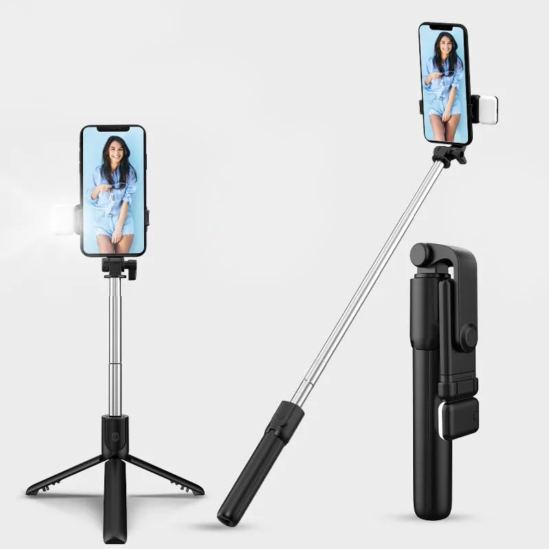 R1S Selfie Stick with Tripod Stand,3 in 1 Multifunctional Design,Rechargeable LED Light with Two Brightness Levels for Make up,Selfie,Vlogging & Photo Shoot,Selfie Stick with Bluetooth Remote