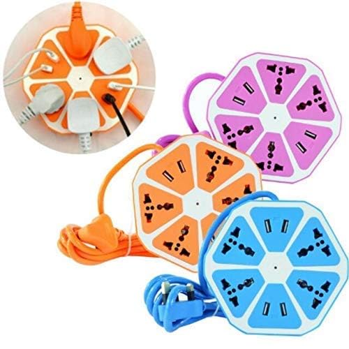 Heavy Duty Extension Board Hexagon Electrical Extension Cord Power Socket with 4 USB Port for Mobile with 2 Meter Cable Wire 4 Socket Surge Protector Extension Board