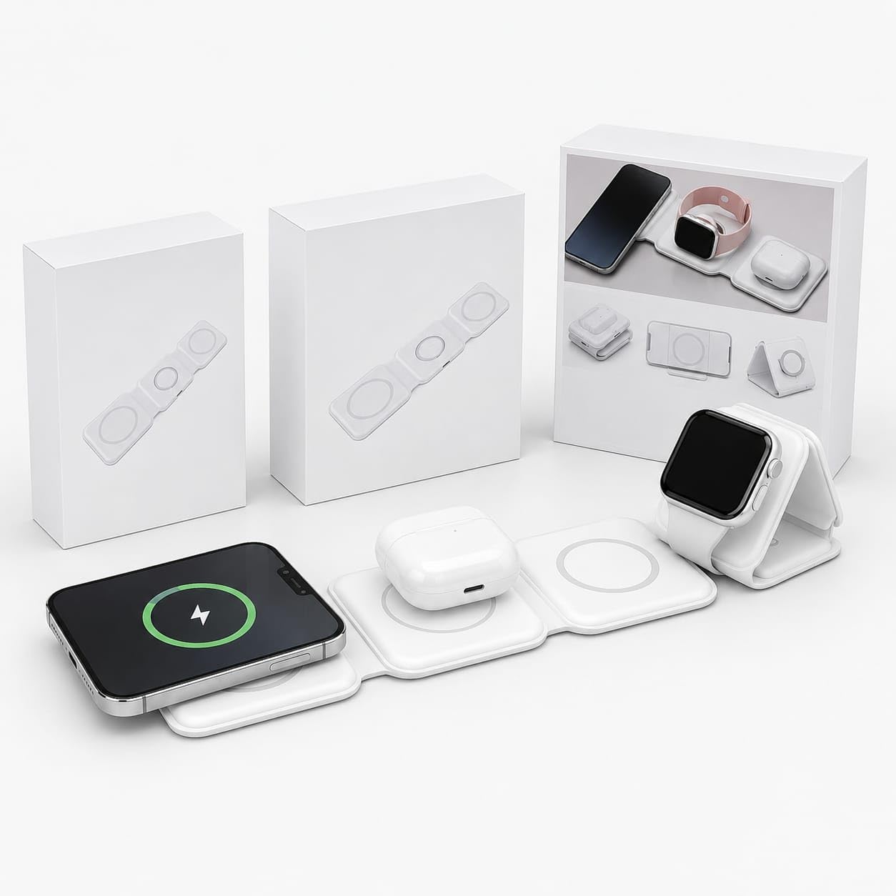 Foldable 3-in-1 Wireless Charger Stand, Fast Charging Dock for Smartphones, Smartwatch and Earbuds, Compact Charging Station, White