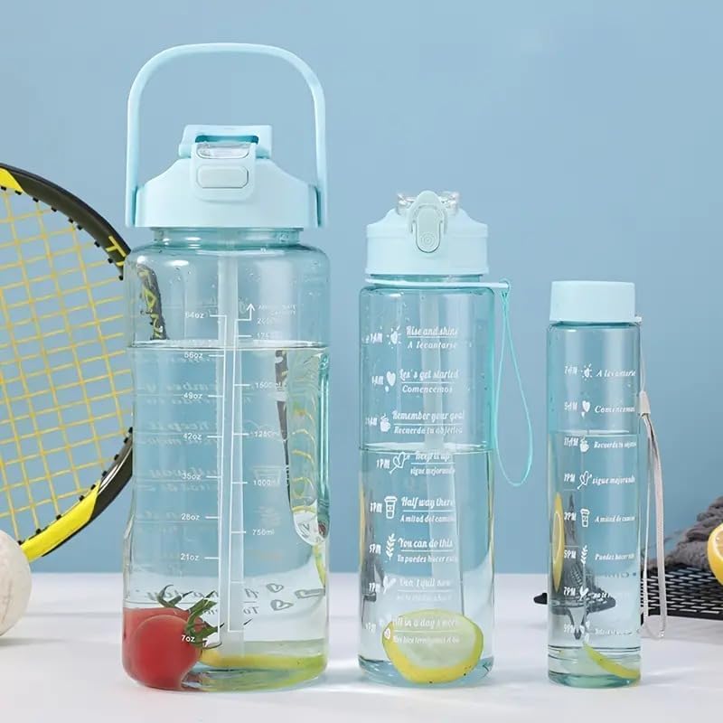 3 in 1 Transparent Water Bottle 2000ML, 900ML, 300ML with Motivational Time Marker, Airtight & Spill-Proof 100% Recyclable Plastic, Sports, Gym