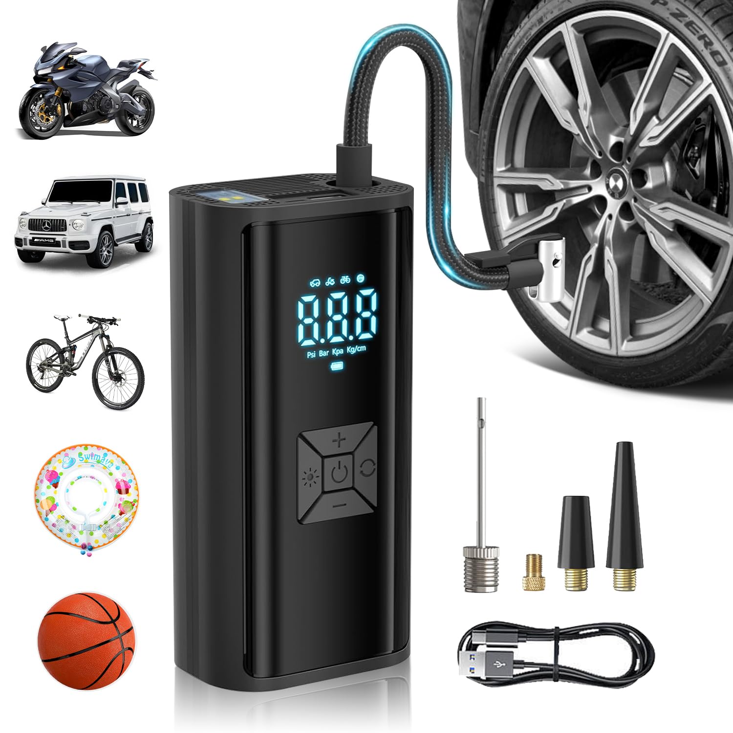Tire Inflator Portable Air Compressor -150 PSI Cordless Tire Inflator, Portable Air Pump for Car, Bicycle,Ball,etc, 35L/min Fast Inflation with LED Light, Rechargeable Tire Inflator & Digital Display