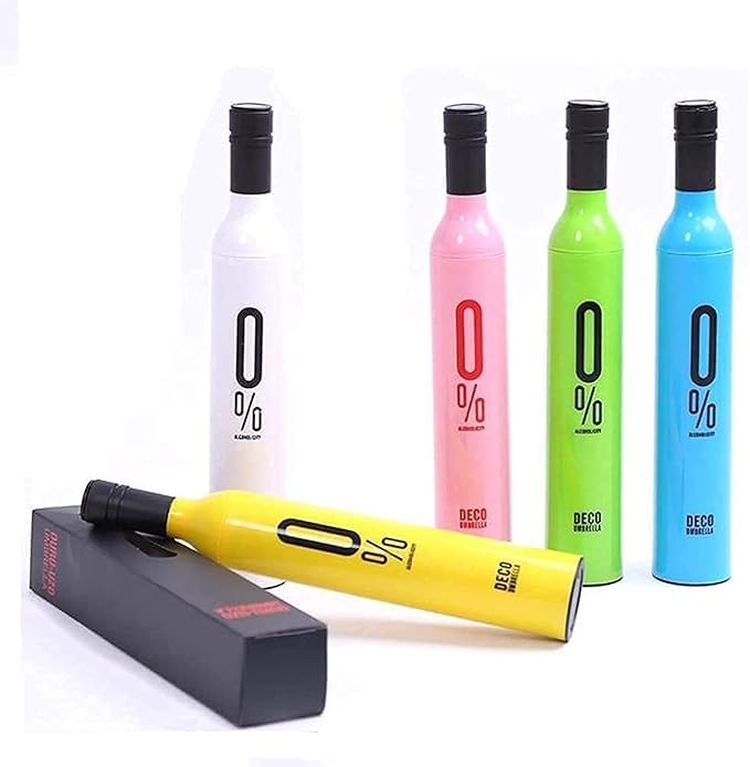 Wine Bottle Shape Mini Compact Foldable Umbrella, Multi Color, Pack of 1 | Plastic Case, Manual Lift, Portable, Bottle Cover, UV Protection & Rain