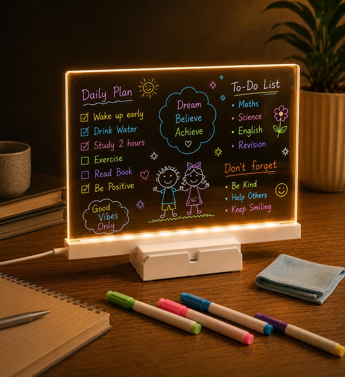 DIY Acrylic LED Writing Board Lamp with 7 NeonColor Markers, Reusable Erasable Memo Board, Warm White USB Powered Night Light for Kids, Study Desk, Home, Office, Café & Restaurant Decor. GIFTS
