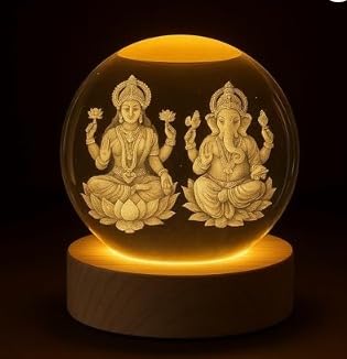 3D Engraved Laxmi Ganesh Crystal Ball Night Lamp – Divine USB LED Lamp with Wooden Base, 6 cm Table Lamp for Home, Pooja Room and Perfect Diwali Gift